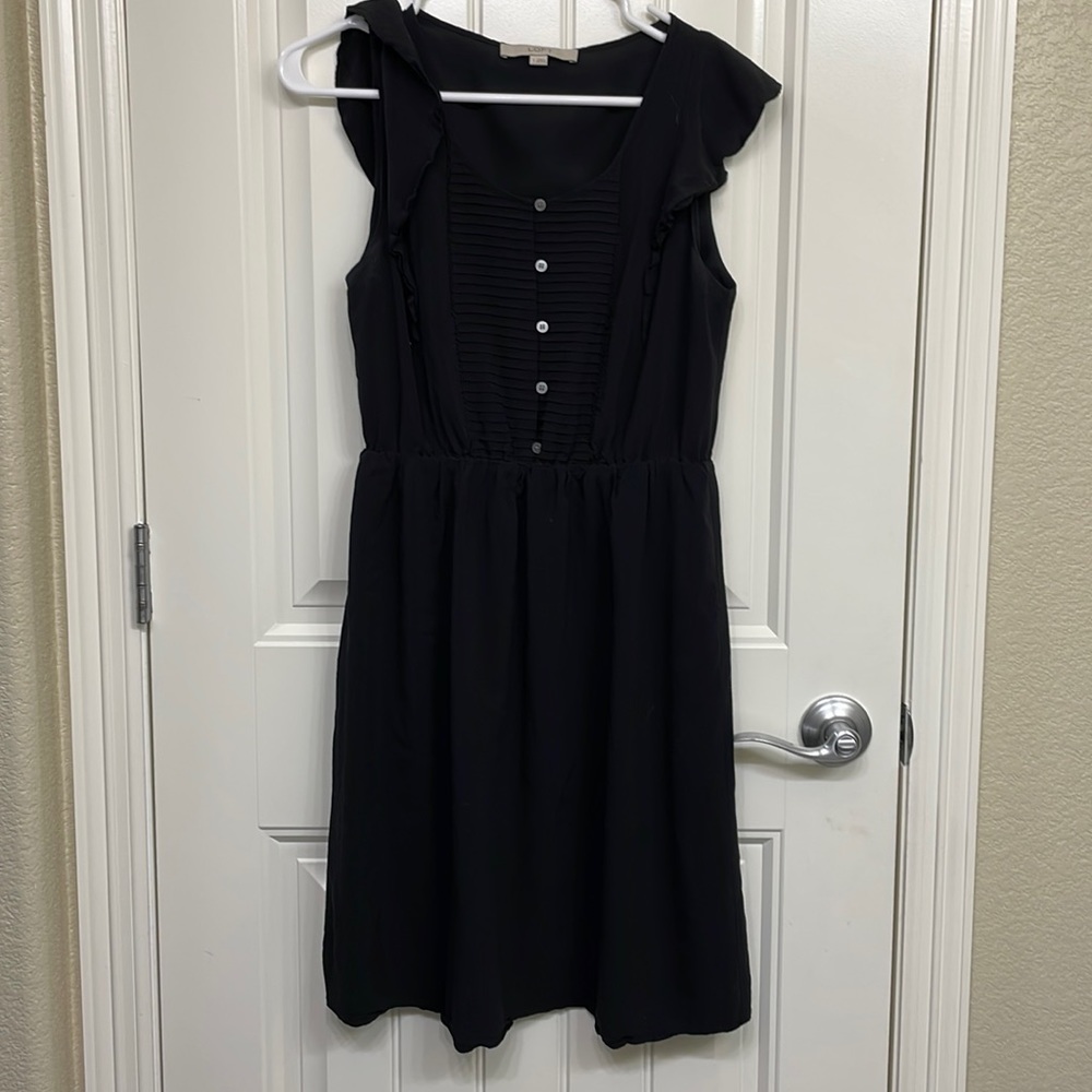 Loft Mini Dress Black Pleated‎ Button Front Bodice